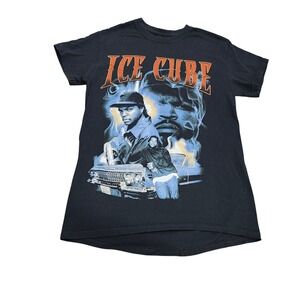 Ice Cube Graphic T-Shirt Mens Small Black Short Sleeve Rap Tee Curved Hem 15335